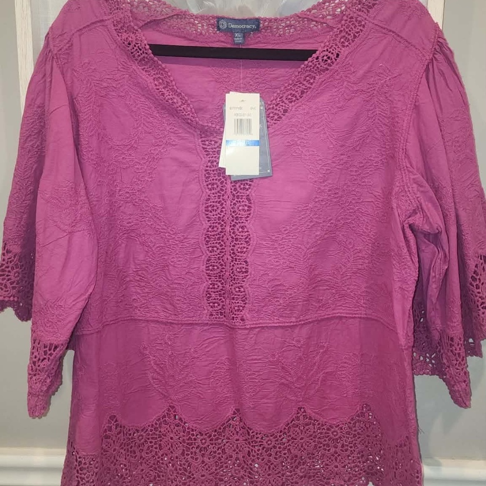NWT Beautiful Democracy Woven Cotton Crochet Trim Peplum Top BATON ROUGE